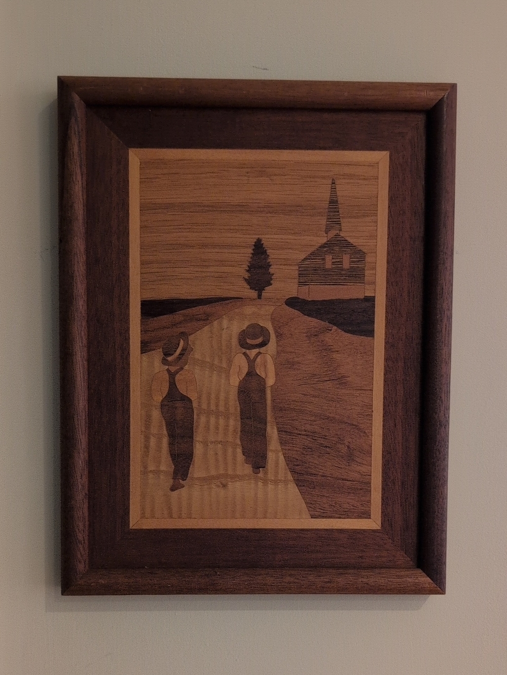Wood Inlay Wall Art Panel - "Two Boys on a Country Road" in Natural Wood Tones